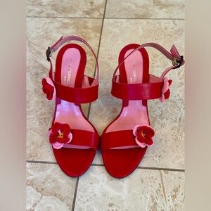 Via Spiga Red Strappy Heels with Crochet Flowers